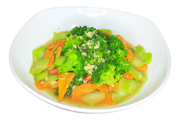 Stir Fried Broccoli Carrots And Chayote In White Bowl