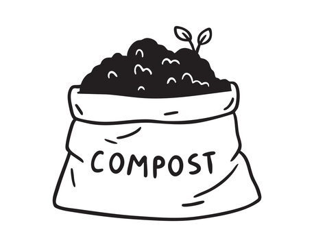 Bold compost bag filled with dark soil, high contrast silhouette doodle suited for labels and packaging, strong graphic presence for sustainable product branding and waste management signage