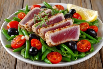 Seared tuna nicoise salad with green beans and cherry tomatoes