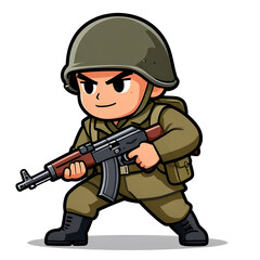 Naklejka premium A sturdy special forces soldier with a combat weapon, fully equipped in special combat gear. Cartoon mascot, illustration, clean lines, flat design, modern, high quality