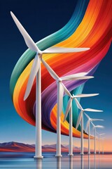 Fototapeta premium Colorful wind turbines with rainbow spiral weaving around them over dark blue sky and water