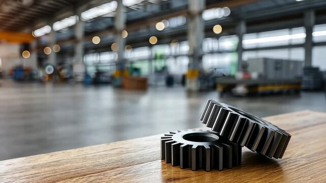 Two gears resting on a wooden surface in an industrial factory setting during the day with sunlight streaming through large windows