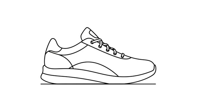 A simple line drawing of a modern athletic shoe.