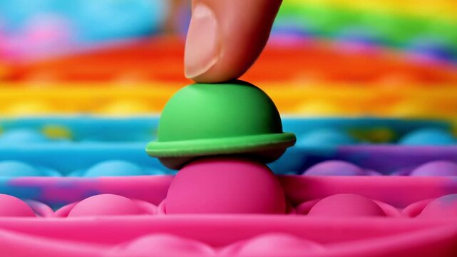 A finger pressing a pink bubble on a bubble fidget toy with a blurred rainbow background