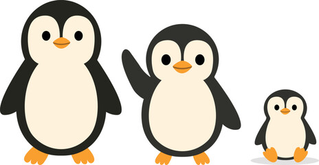 A cute family of penguin characters, kawaii cartoon arctic animals, flat vector illustration isolated on a white background, adorable penguins,winter wildlife, fun illustration, children’s book style © Olha