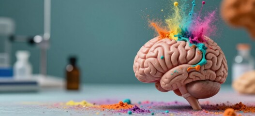 Brain model with vibrant rainbow colors, creative thinking, mental health, medical illustration, studio shot