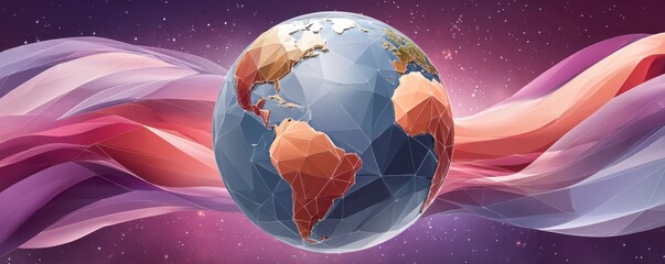 Fototapeta premium Geometric globe of Earth with glowing facets and flowing ribbons in space
