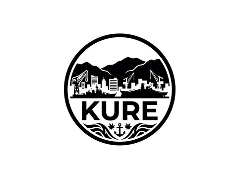 Kure city of Japan stylized black and white skyline logo with iconic architecture