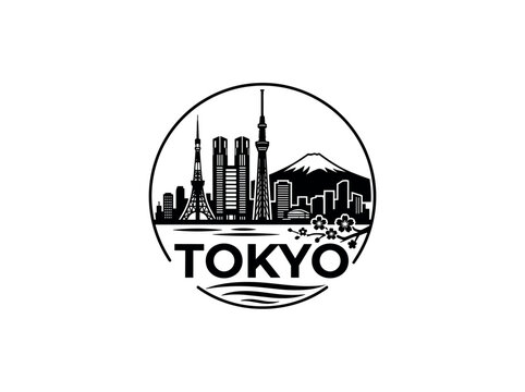 Tokyo city of Japan stylized black and white skyline logo with iconic architecture