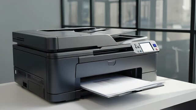 Modern Black Printer on White Desk, Document Output, Office Technology, Professional Workspace, Digital Workflow.