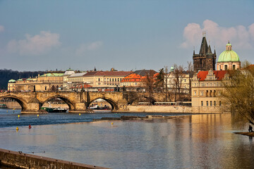 Fototapeta premium Scenic view of the Prague Old Town pier architecture. Seen from Charles Bridge over Vltava river in Prague, Czechia.