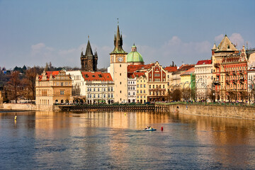 Obraz premium Scenic view of the Prague Old Town pier architecture. Seen from Charles Bridge over Vltava river in Prague, Czechia.