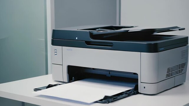 Modern Black Office Printer on White Desk, Ready to Print Documents, Business Technology, Workspace.