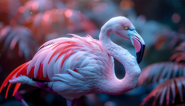 Pink flamingo portrait in a dark tropical forest with moody lighting and palm leaves