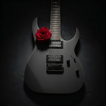 Czarna gitara elektryczna z czerwoną r&oacute;żą leżącą na korpusie, symbolizująca połączenie pasji, mroku i romantyzmu w jednym kadrze, r&oacute;ża, rose, czerwona