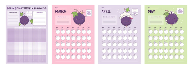 Spring Undated 3-Month Planner Set. Perpetual Monthly Calendar and Weekly Page To-Do List. Cute Kawaii Blackcurrant Character. Isolated Reusable Vertical Printable organizer Bundle Vector illustration