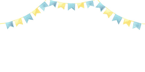Watercolor blue and yellow bunting garlands frame, borders. Hand drawn baby shower, birthday decoration for a boys party, printing on the nursery wall or invitation, cards, template backgrounds © Tatiana