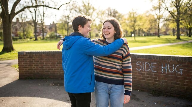 Two happy teenagers sharing a side hug in a public park