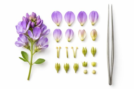 Alfalfa flower cluster botanical dissection study with separated florets arranged in neat grid scientific herbarium style studio photo isolated on white