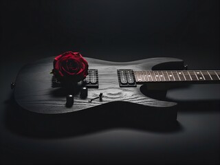 Czarna gitara elektryczna z czerwoną różą leżącą na korpusie, symbolizująca połączenie pasji, mroku i romantyzmu w jednym kadrze, róża, rose, czerwona