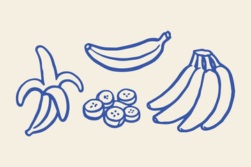 Banana whole sliced bunch doodle fruit line vector illustration © Victoria