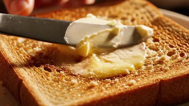 A slice of toasted bread with a pat of butter being spread on it by a butter knife