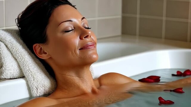 Relaxation in a warm bath with rose petals and candle light at home in the evening