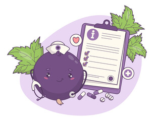 Nurse Blackcurrant Girl with Stethoscope. Cute Kawaii Berry Currant Mascot Medical Character. Prescription, Consultation Examination and Treatment Concept. Vector illustration