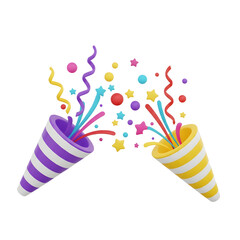 Obraz premium Two colorful 3d party poppers explode with confetti and streamers brightly