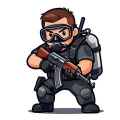 Naklejka premium A sturdy special forces soldier with a combat weapon, fully equipped in special combat gear. Cartoon mascot, illustration, clean lines, flat design, modern, high quality