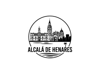 Obraz premium Alcala de Henares city of Spain stylized black and white skyline logo with iconic architecture