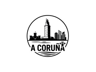 Obraz premium A Coruna city of Spain stylized black and white skyline logo with iconic architecture