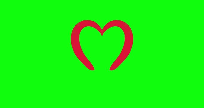 Animated red textured paint brush stroke drawing a single heart shape isolated on green screen