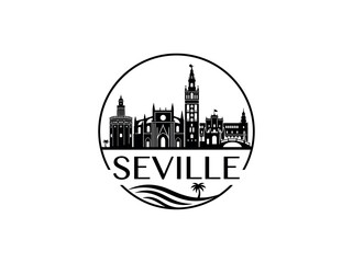Naklejka premium Seville city of Spain stylized black and white skyline logo with iconic architecture