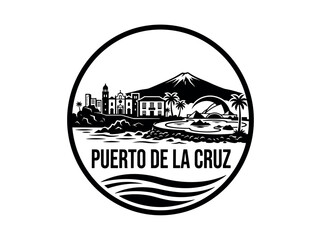 Puerto de la Cruz city of Spain stylized black and white skyline logo with iconic architecture