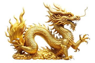Obraz premium Intricate golden dragon statue with detailed scales and flame motif in dynamic pose isolated on a transparent background
