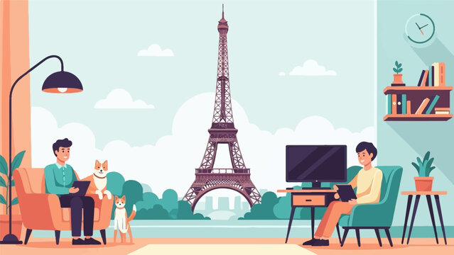 Two men and dogs enjoy a relaxing day indoors with Eiffel Tower view