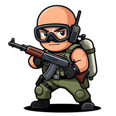 Naklejka premium A sturdy special forces soldier with a combat weapon, fully equipped in special combat gear. Cartoon mascot, illustration, clean lines, flat design, modern, high quality