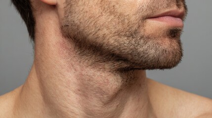 Naklejka premium Close-up of young caucasian male with stubble on lower face and neck.