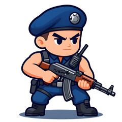 Naklejka premium A sturdy special forces soldier with a combat weapon, fully equipped in special combat gear. Cartoon mascot, illustration, clean lines, flat design, modern, high quality