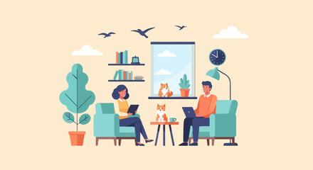 Naklejka na ściany i meble Two people and dogs relax at home with books, plants, and a window view