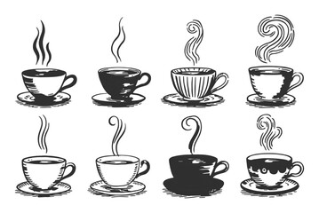 Collection of Hand-Drawn Coffee Cups with Steaming Aroma