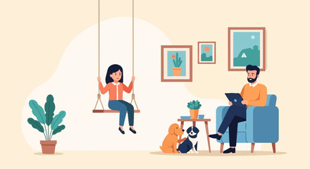 Two people and two dogs in a cozy room with artwork and plants