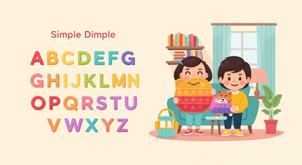 Obraz premium Two children with a pop-it toy and a stuffed animal, alphabet displayed