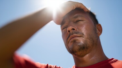 Man sweating and shielding his eyes from the sun outdoors  