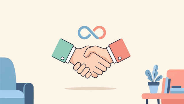 Two hands shaking, representing a deal, with an infinity symbol above