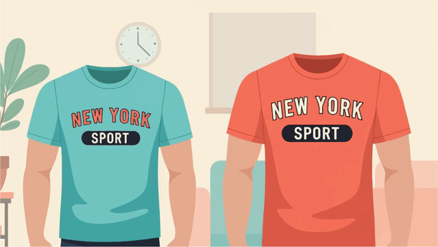 Two headless figures wear colorful "New York Sport" graphic t-shirts indoors