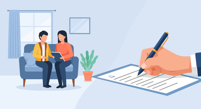 Two individuals converse while a hand signs a document with a pen