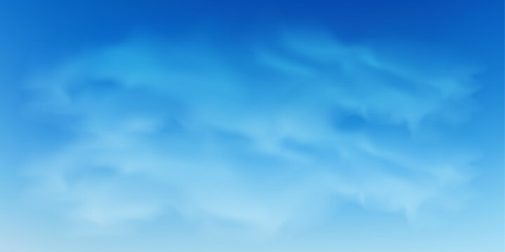 Realistic 3D clouds floating in clear blue sky. White fluffy cloud formations with soft light creating bright atmospheric backdrop for spring and summer designs. Vector illustration.