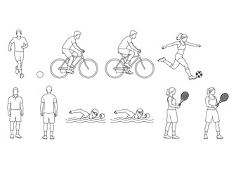 Obraz premium CAD Sports People Vector Set – Thin Line Human Figures for Architecture and Fitness Activities